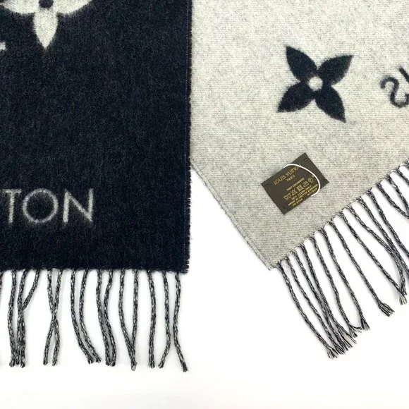 Louis Vuitton Black Monogram Logo Full-Print Cashmere Fringe Scarf